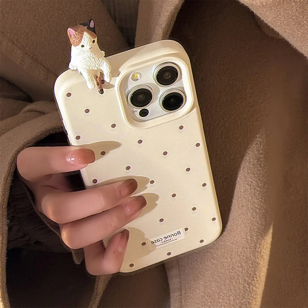 Cute 3D Cat Decorative Polka Dot Phone Case for IPhone17 16 15 14 12 13 11 Pro ProMax Plus X XR Shockproof Phone Cover