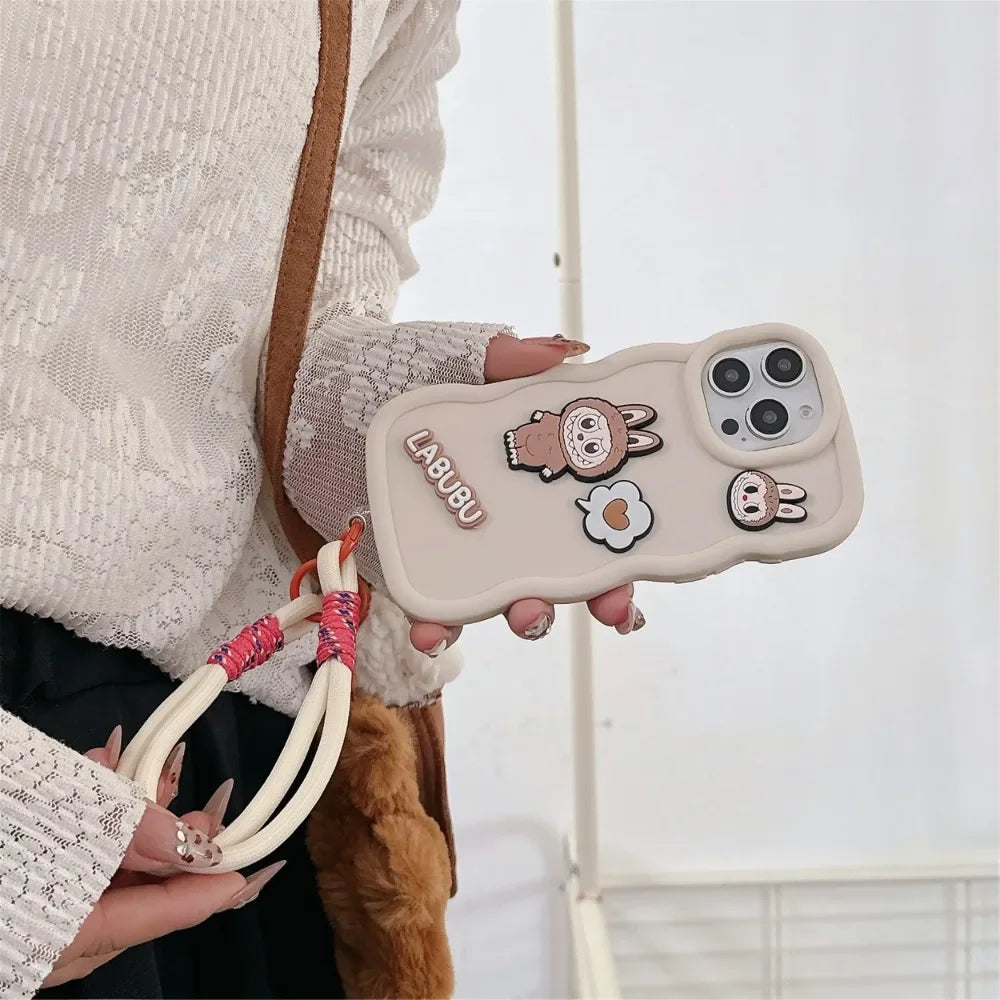 Cute Cartoon Wrist Strap Phone Case for IPhone 16 15 14 13 12 11 Pro Max XS X XR 7 8 Plus Silicone Soft Protective Cover