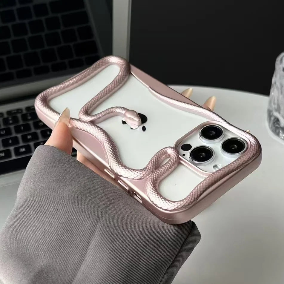 Fashion Snake Pattern Case For iPhone 16 Pro Max 15 14 Pro Luxry Plating Hollow Out Cover For iPhone 13 12 11 Transparent Cover