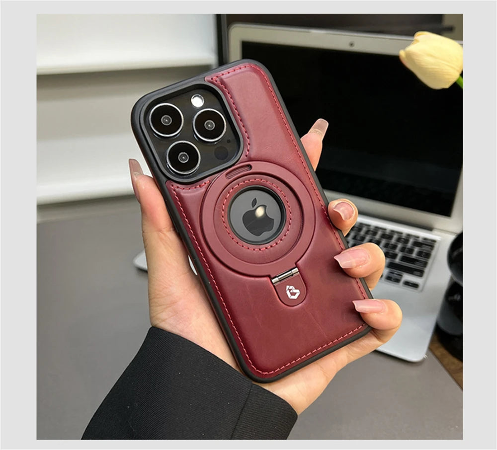 Luxury Magnetic Stand Ring PU Leather Phone Case For iPhone 16 15 14 13 12 Pro Max Magsafe Wireless Charging Hollow Logo Cover