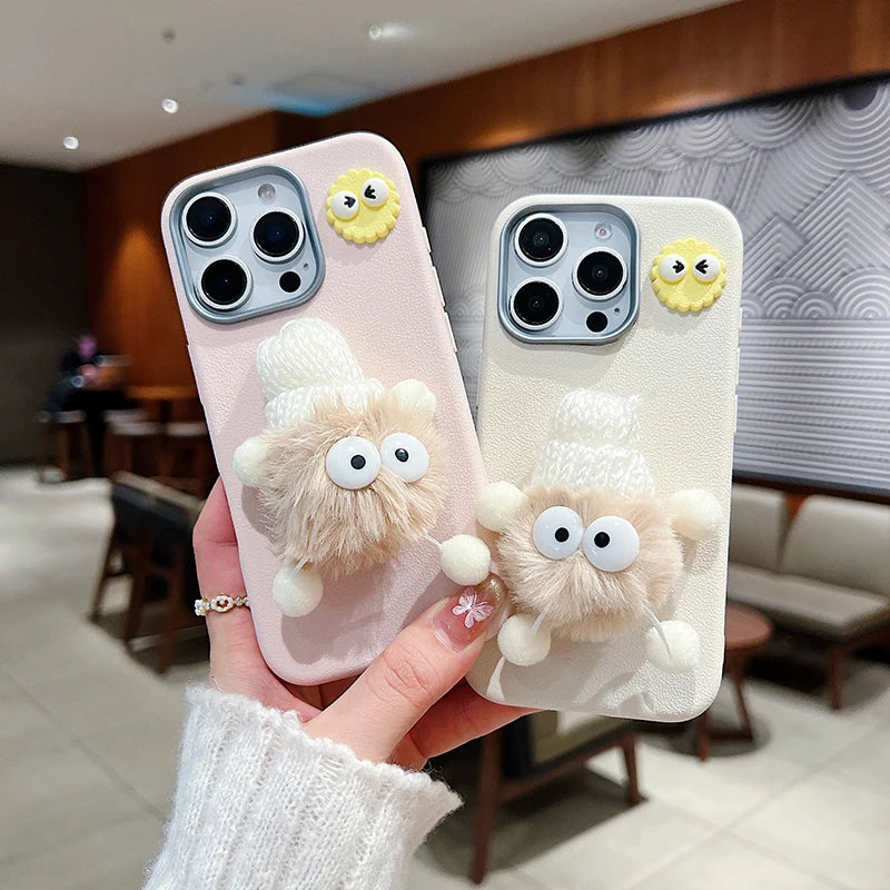 3D Doll Plush Briquettes Leather Phone Case For iPhone 16 15 14 13 12 11 Pro Max X XS Max XR 7 8 Plus SE2 Shockproof Soft Cover