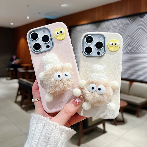 3D Doll Plush Briquettes Leather Phone Case For iPhone 16 15 14 13 12 11 Pro Max X XS Max XR 7 8 Plus SE2 Shockproof Soft Cover