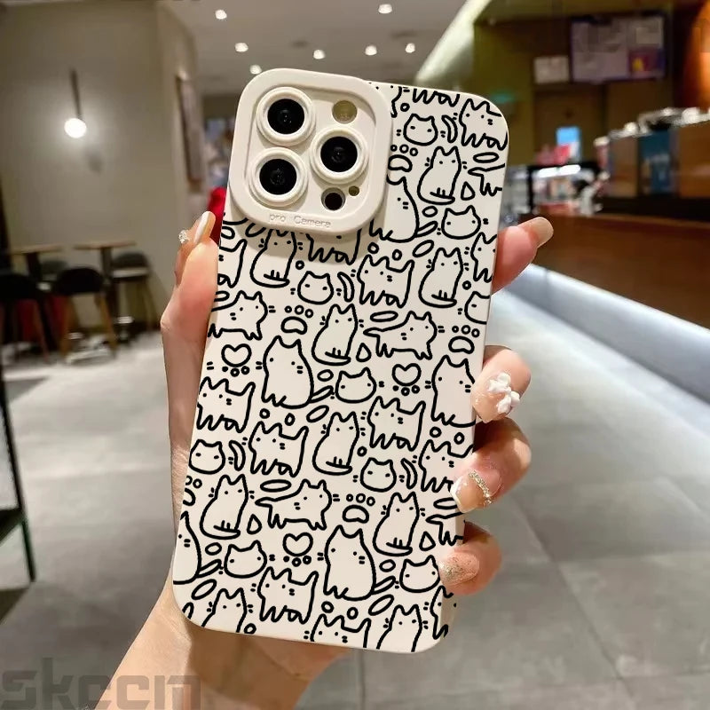 Cute Black Kitten Sketch Cat Phone Case for iPhone 16 15 14 13 12 11 Pro Max Mini XR XS X 7 8 Plus 16E Soft TPU Back Cover