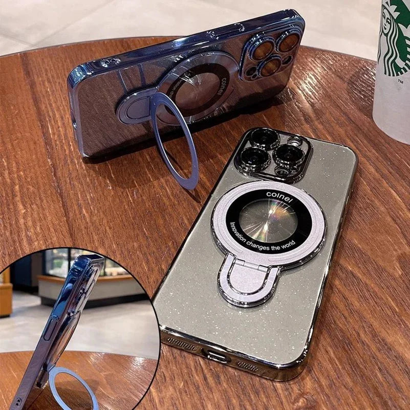 Luxury Glitter for Magsafe Bracket Case for iPhone 17 16 15 Pro Max Air 14 12 13 11 Transparent Stand Camera Film Hard PC Cover