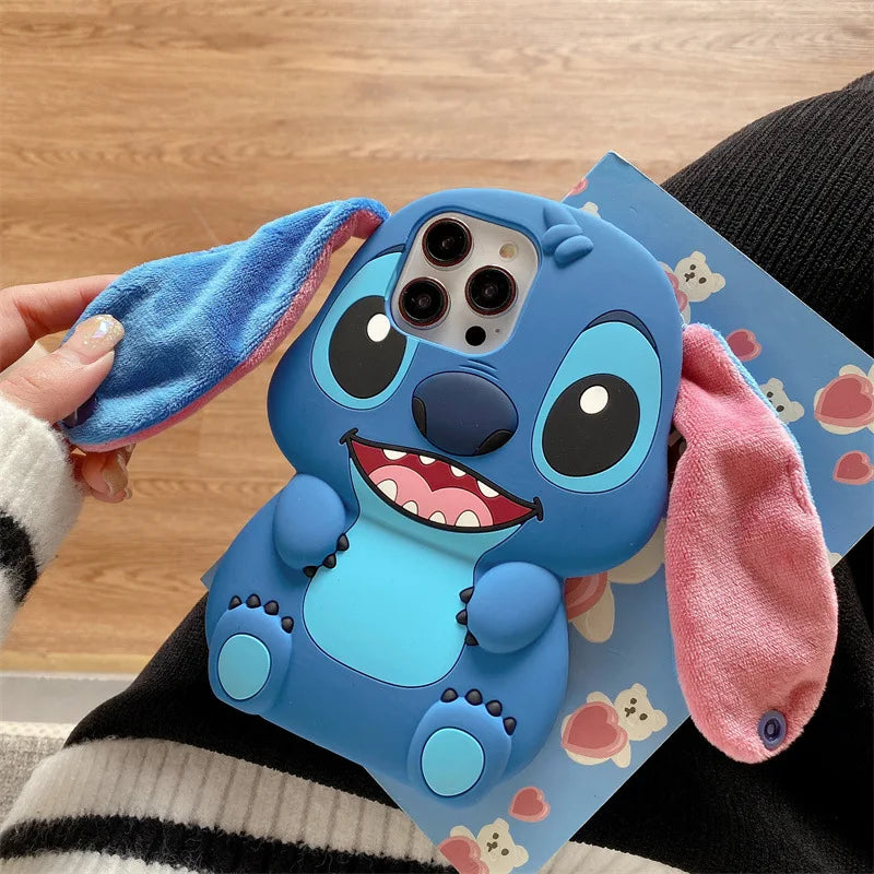 3D Fluffy Fur Plush Big Ear Cartoon Stitch Phone Case For iPhone 16 15 14 13 12 Pro Max Silicone Shockproof Protective Cover