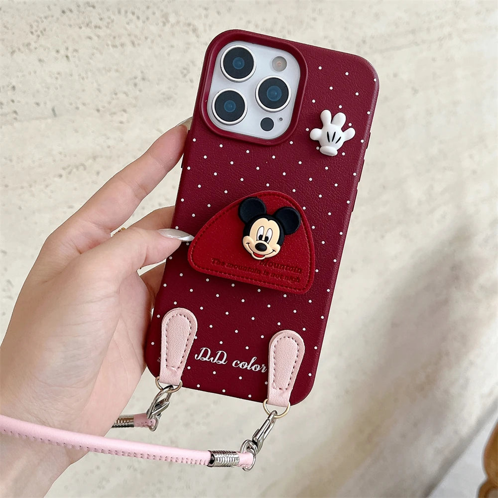 Disney 3D Mickey Stand Holder Polka Leather Case for iPhone 16 15 14 Plus 13 12 11 Pro Max Wrist Hand Strap Shockproof Cover