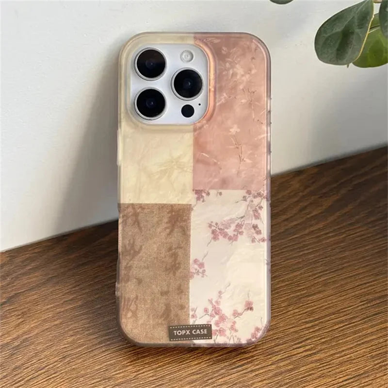 Splicing Flowers Phone Case For IPhone 16 16E 15 14 13 12 11 Pro XR XS Max 7 8 Plus Phone Shockproof Girl Cover Case Funda