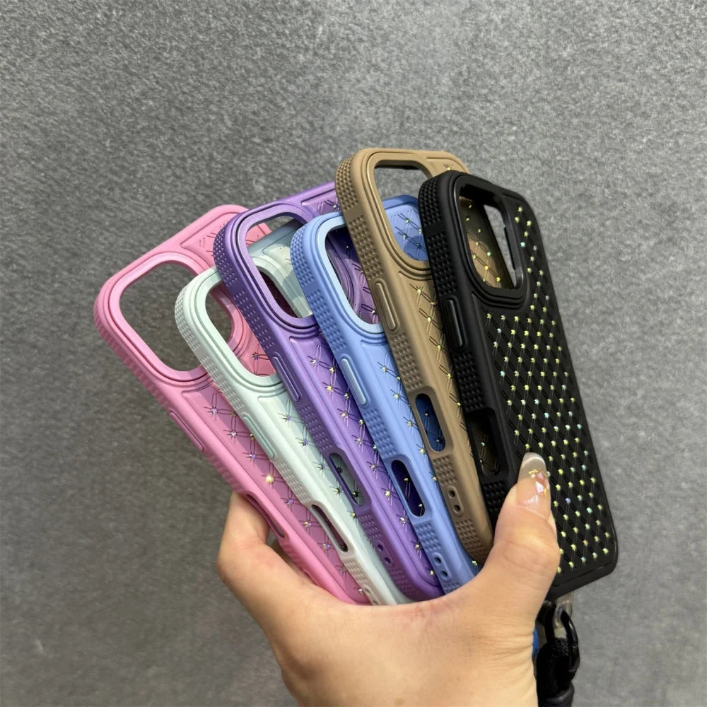 Luxury Flash Diamond Wrist Strap Lanyard Phone Case For iPhone 16e 15 14 13 12 11 Pro Max 16 Plus Sparkling Shockproof Cover