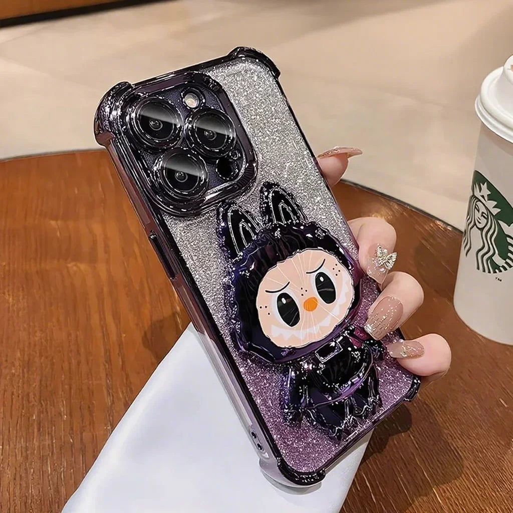 Cute L-La-bubuES Phone Case for iPhone 16 15 14 13 12 11 Pro Max Plus 16E X XR Shockproof Plating Silicone Glitter Powder Cover