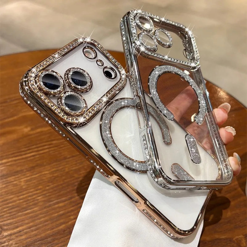 For iPhone 17 Air 17 Pro Max Luxury Girl's Case Bling Diamond Lens Film Magsafe Cover Case for iPhone 16 15 14 13 12 11 Pro Max