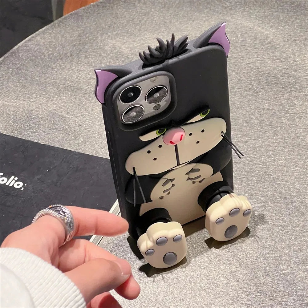 3D Lucifer Cat Cinderella Stretching Feet Stand Holder Cover For iPhone 11 12 13 14 15 16 Pro Max Cute 3D Cartoon Bracket Case