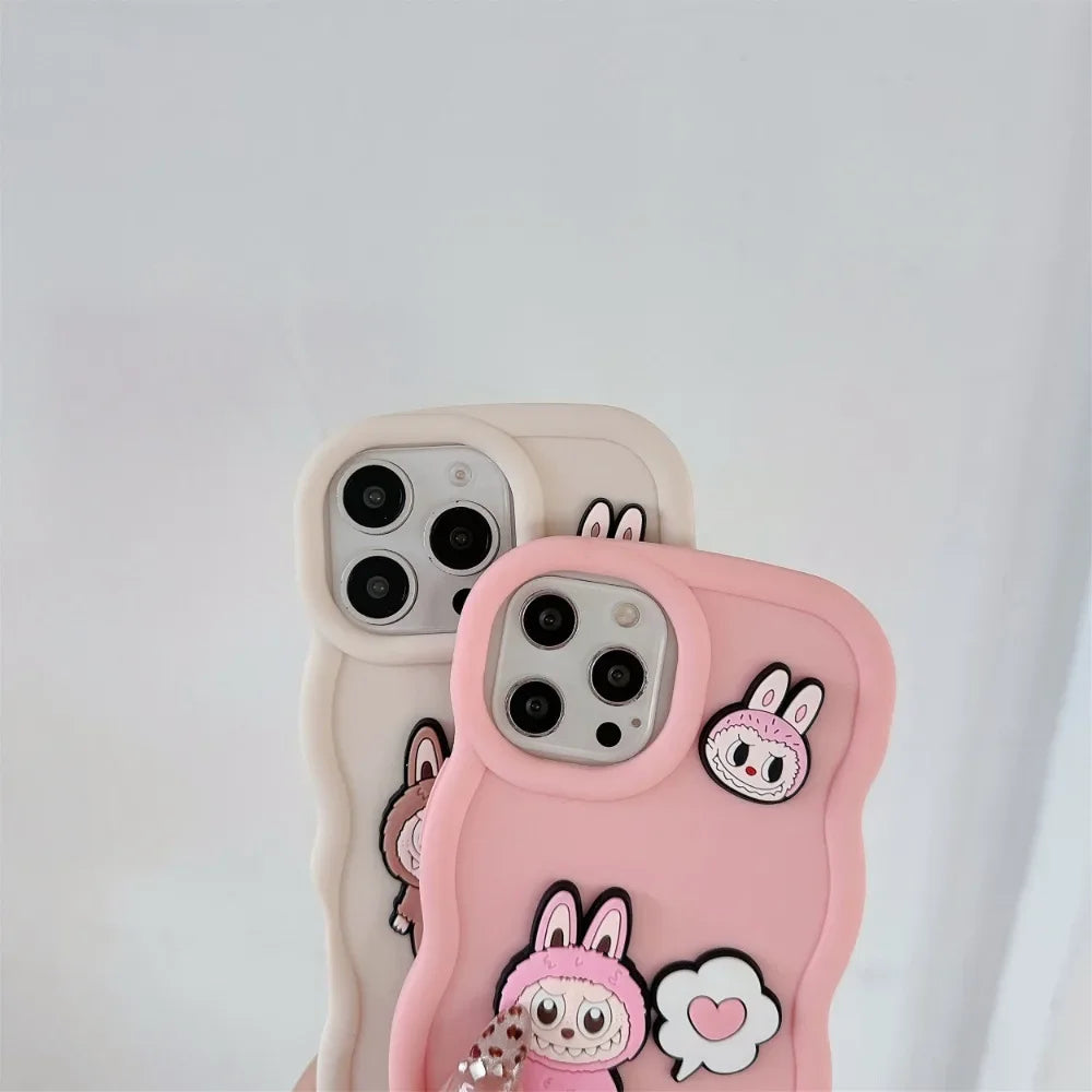 Cute Cartoon Wrist Strap Phone Case for IPhone 16 15 14 13 12 11 Pro Max XS X XR 7 8 Plus Silicone Soft Protective Cover