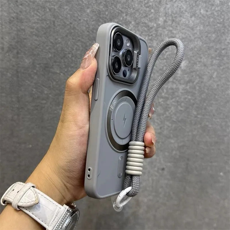 Luxury Flip Up Lens Holder Magnetic Case for iPhone 16 15 14 13 12 11 Pro Max 16 Plus Fashion Nylon Wristband Lanyard Soft Cover