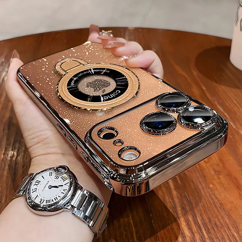 Luxury Glitter for Magsafe Bracket Case for iPhone 17 16 15 Pro Max Air 14 12 13 11 Transparent Stand Camera Film Hard PC Cover