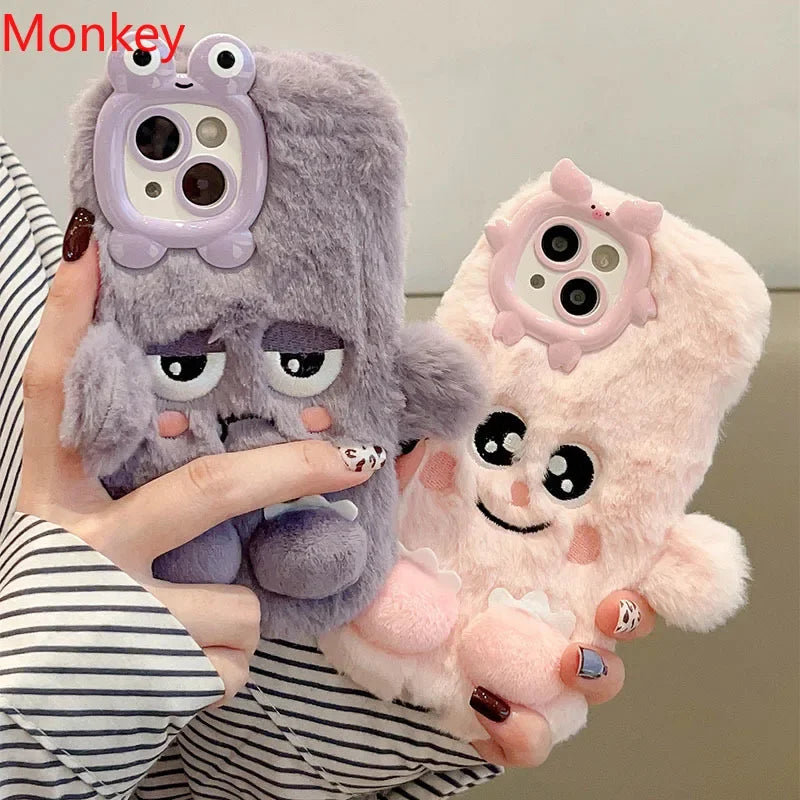 3D Cute Cartoon Funny Phone Cases For iPhone 17 16 15 14 13 12 11 Pro Max Warm Winter Fluffy Plush Soft Bumper Protection Cover