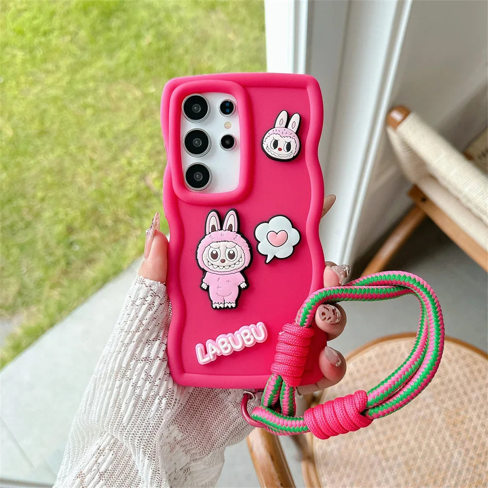 Cartoon Cute Wrist Strap Cover for Samsung Galaxy S21 FE S25 S24 S22 Ultra S23 Plus A06 A55 A35 A54 A34 Phone Case Soft