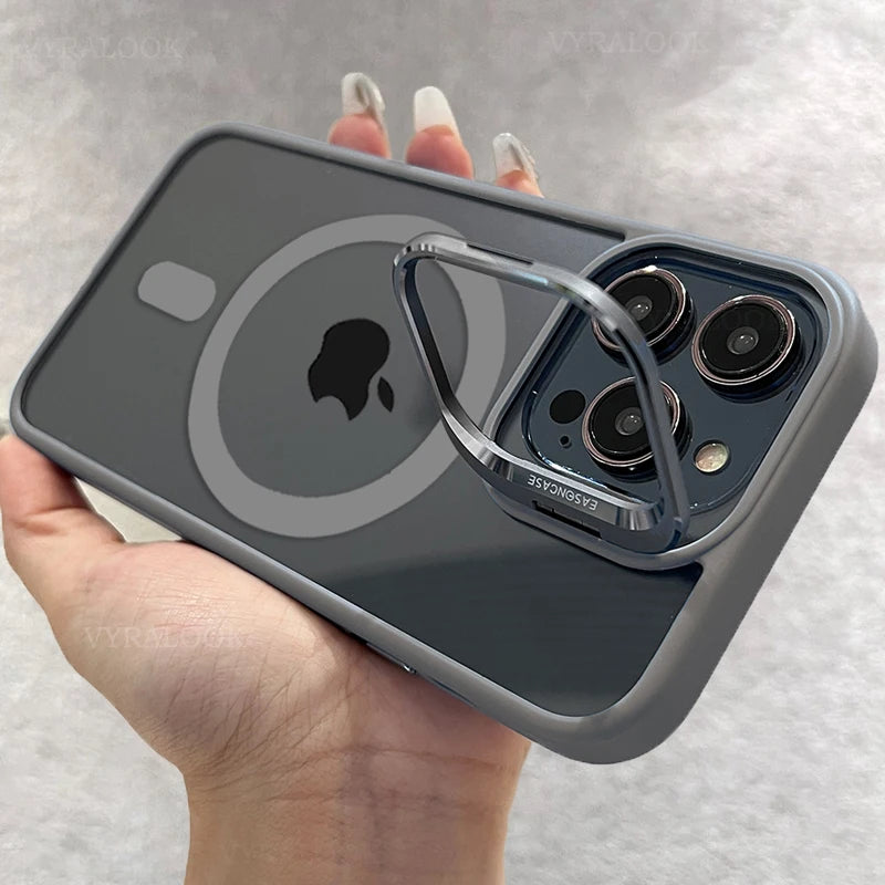 New Phone Case For iPhone 16 15 14 13 12 11 Pro Max Plus 17 Air For Magsafe Transparent Magnetic Lens Metal Stand Holder Cover
