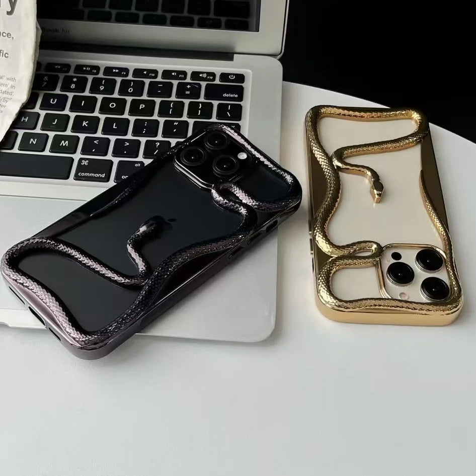 Fashion Snake Pattern Case For iPhone 16 Pro Max 15 14 Pro Luxry Plating Hollow Out Cover For iPhone 13 12 11 Transparent Cover