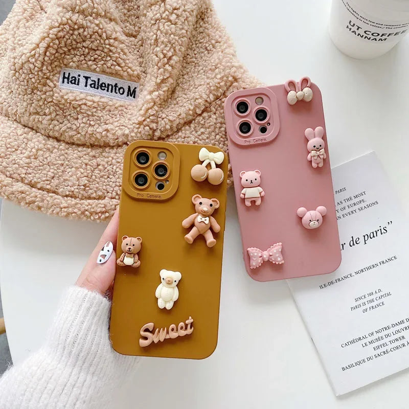 Cute 3D Bear Phone Case For iPhone16 11 12 13 Mini 14 15 Pro Max Anti Knock Back Cover for iPhone X XR XS Max 7 8 6 6s Plus Capa