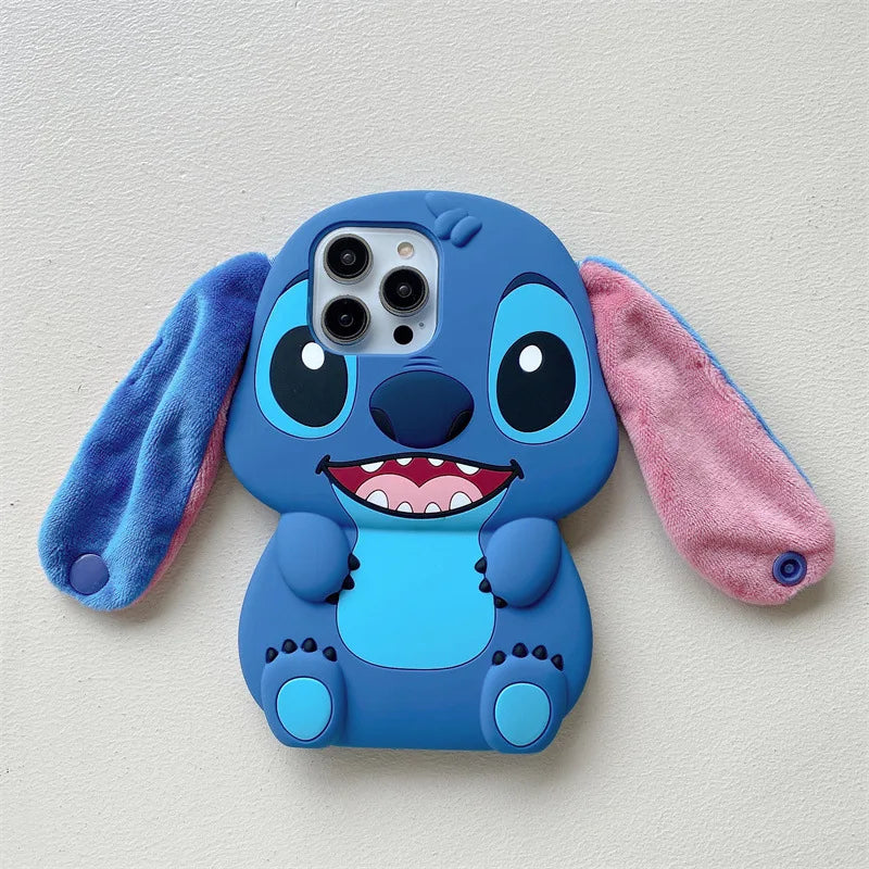 3D Fluffy Fur Plush Big Ear Cartoon Stitch Phone Case For iPhone 16 15 14 13 12 Pro Max Silicone Shockproof Protective Cover