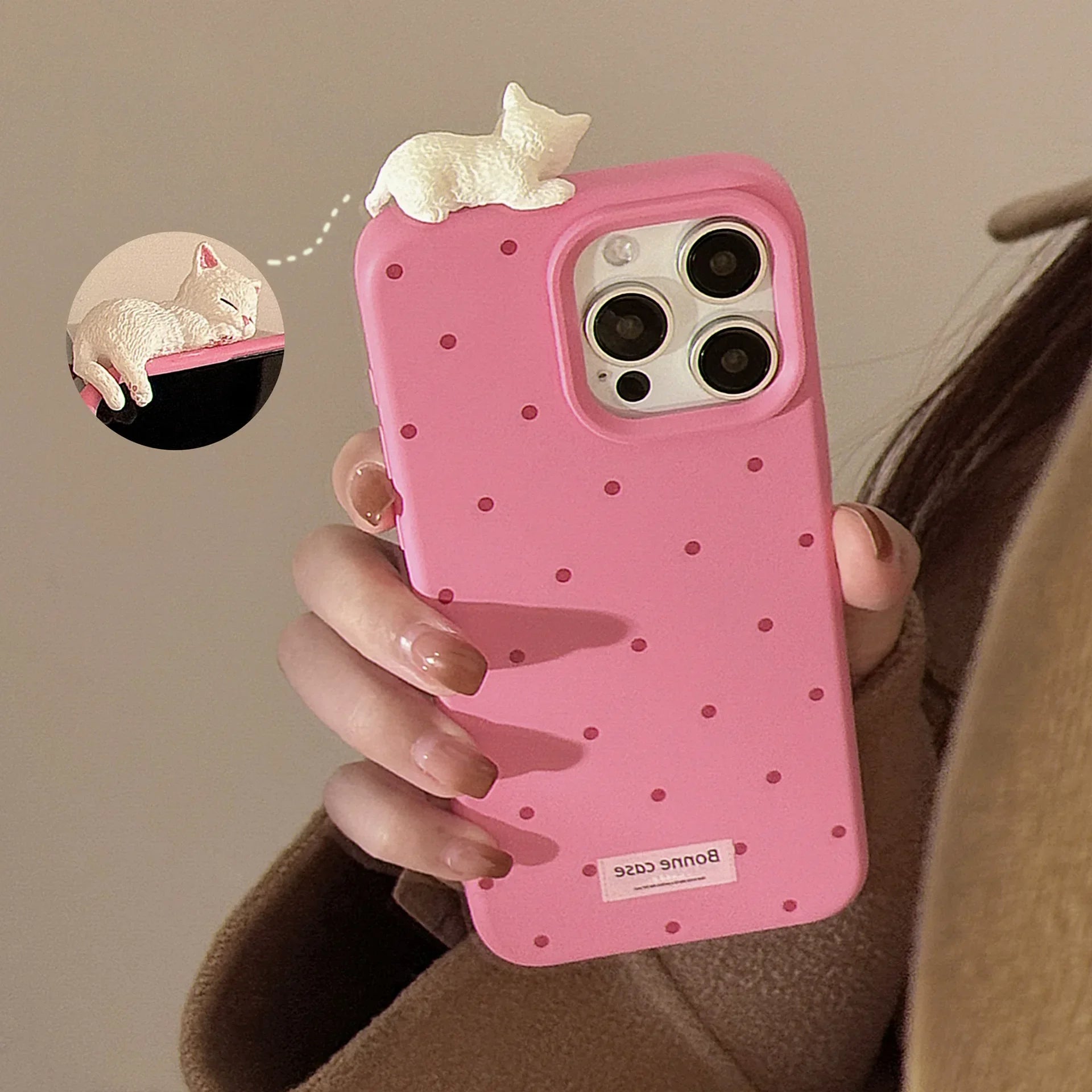 Cute 3D Cat Decorative Polka Dot Phone Case for IPhone17 16 15 14 12 13 11 Pro ProMax Plus X XR Shockproof Phone Cover