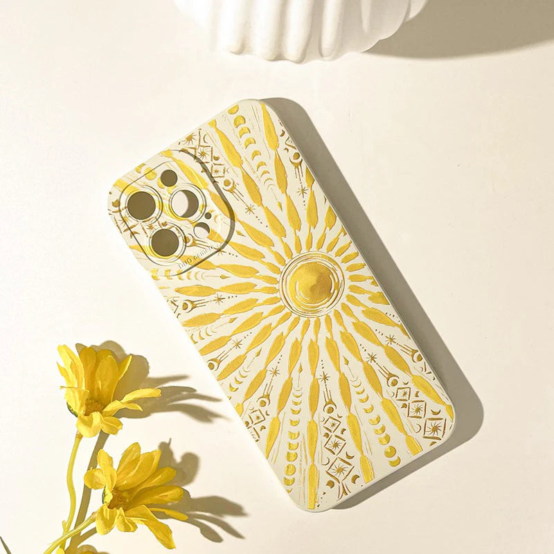 Art Summer Style Golden Sun Phone Case For iPhone 17 11 12 13 14 15 16 Pro Max XS XR 7 8 Plus 16E Shockproof Soft Silicone Cover