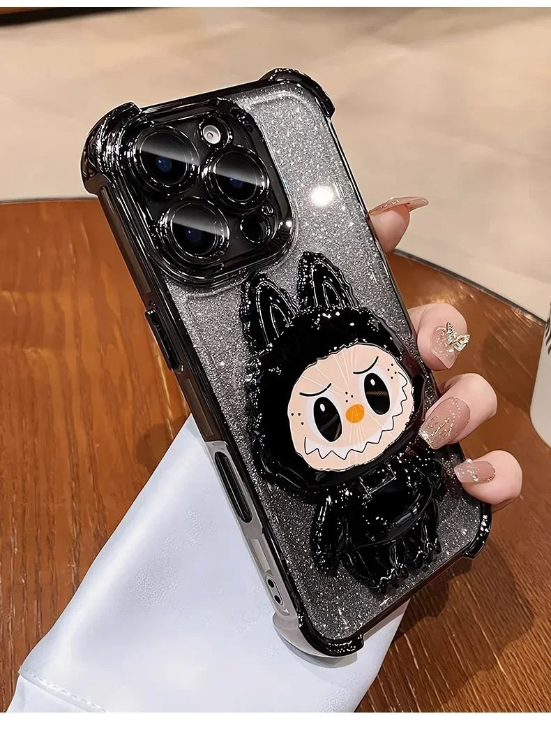 Cute L-La-bubuES Phone Case for iPhone 16 15 14 13 12 11 Pro Max Plus 16E X XR Shockproof Plating Silicone Glitter Powder Cover