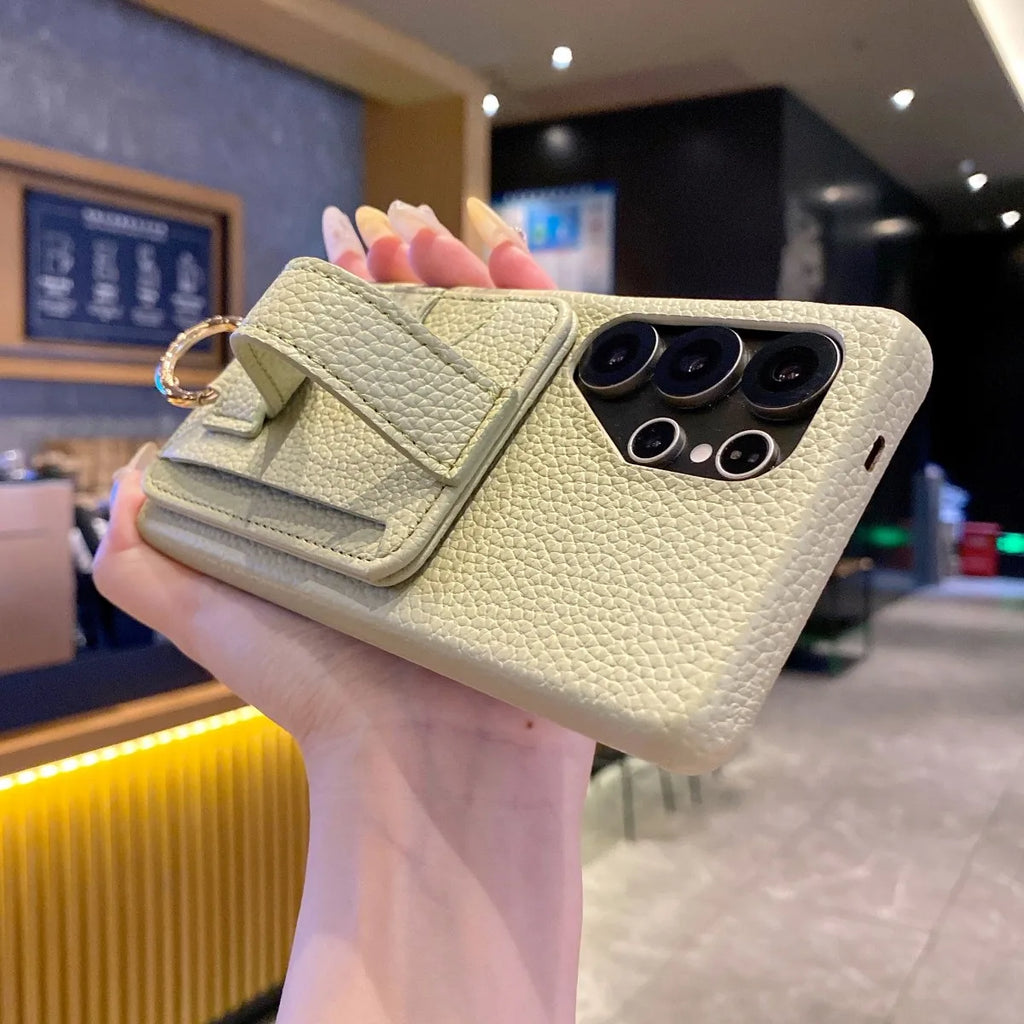 Luxury Litchi Pattern PU Leather Wallet Case For Samsung Galaxy S25 S21 S23 S24 S20 Note 20 Green Card Holder Wrist Strap Cover