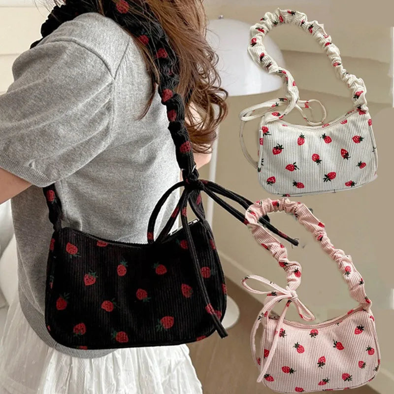 Fashionable Small Women Underarm Bag Corduroy Strawberry Print Cute Mini Shoulder Purse Half Moon Design Eco Friendly Cloth Tote