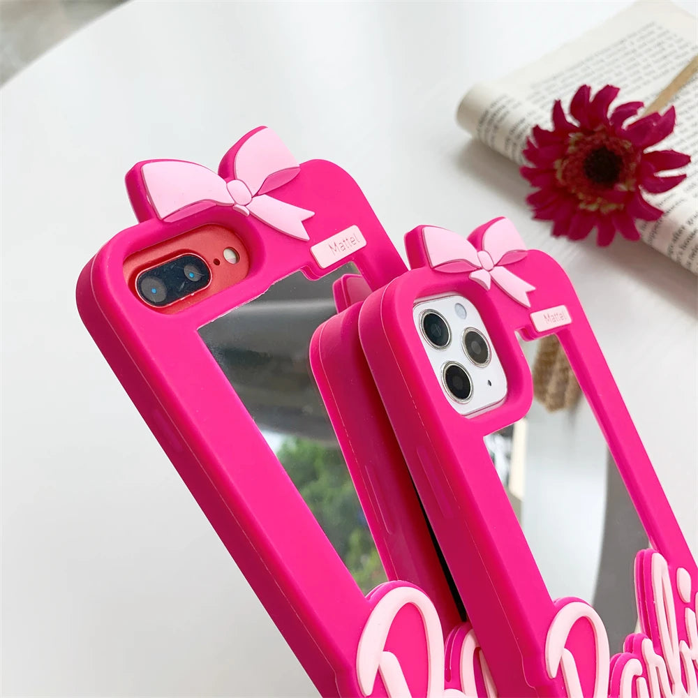 Kawaii Girl Phone Case with Mirror For iPhone 6/6s/7/8 Plus X XS Max XR 11 12 15 16 14 13 Pro Max 15Plus Soft Silicone Cover