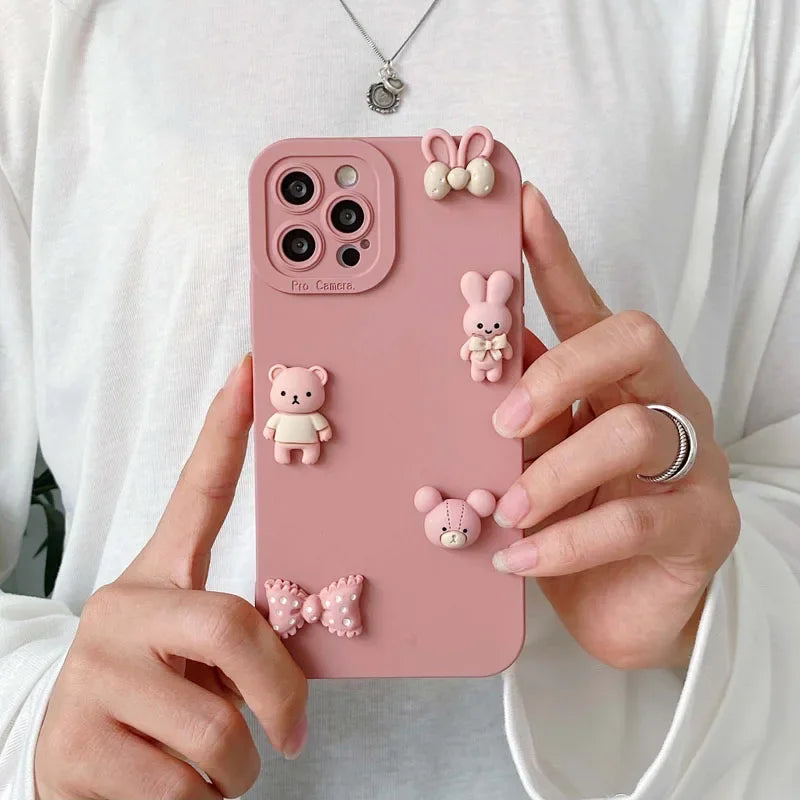Cute 3D Bear Phone Case For iPhone16 11 12 13 Mini 14 15 Pro Max Anti Knock Back Cover for iPhone X XR XS Max 7 8 6 6s Plus Capa