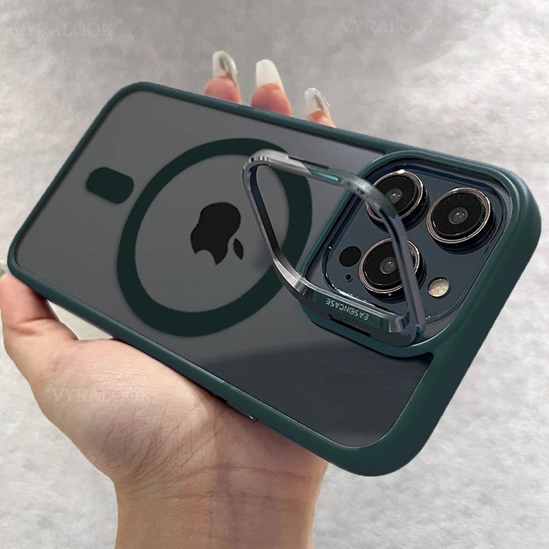 New Phone Case For iPhone 16 15 14 13 12 11 Pro Max Plus 17 Air For Magsafe Transparent Magnetic Lens Metal Stand Holder Cover