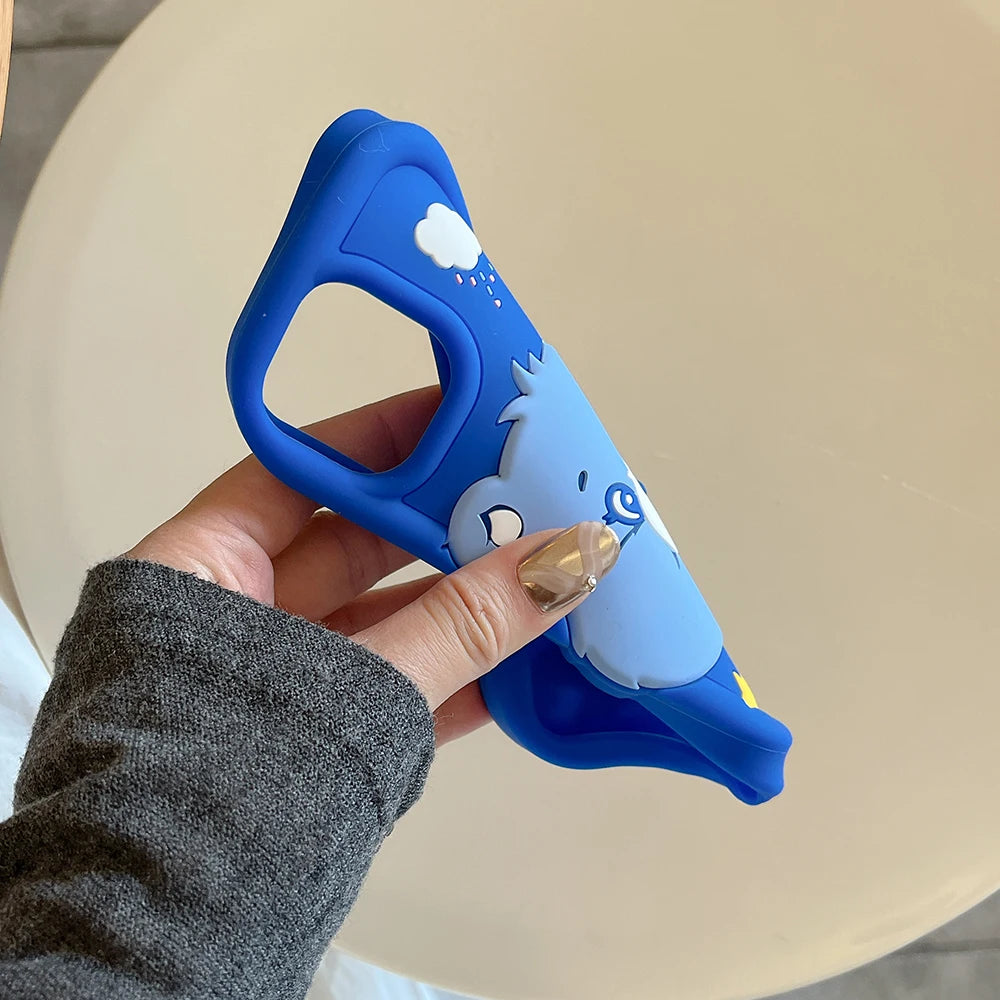 Cute 3D Cartoon Blue Rainbow Bear Soft Silicone Case For iPhone 16 15 14 Promax 13 12 Pro Max Shock Proof Cover Capa Phone Cases