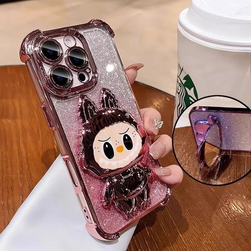 Cute L-La-bubuES Phone Case for iPhone 16 15 14 13 12 11 Pro Max Plus 16E X XR Shockproof Plating Silicone Glitter Powder Cover