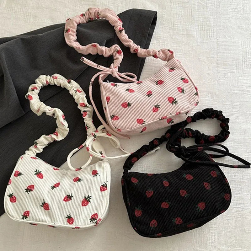 Fashionable Small Women Underarm Bag Corduroy Strawberry Print Cute Mini Shoulder Purse Half Moon Design Eco Friendly Cloth Tote