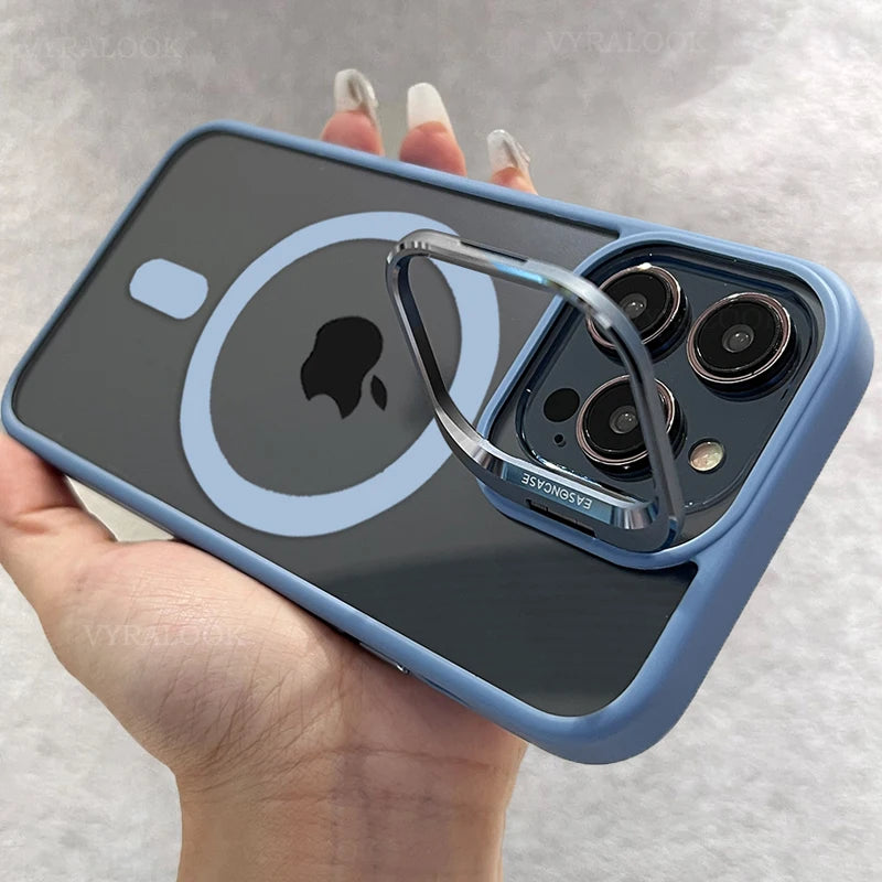 New Phone Case For iPhone 16 15 14 13 12 11 Pro Max Plus 17 Air For Magsafe Transparent Magnetic Lens Metal Stand Holder Cover