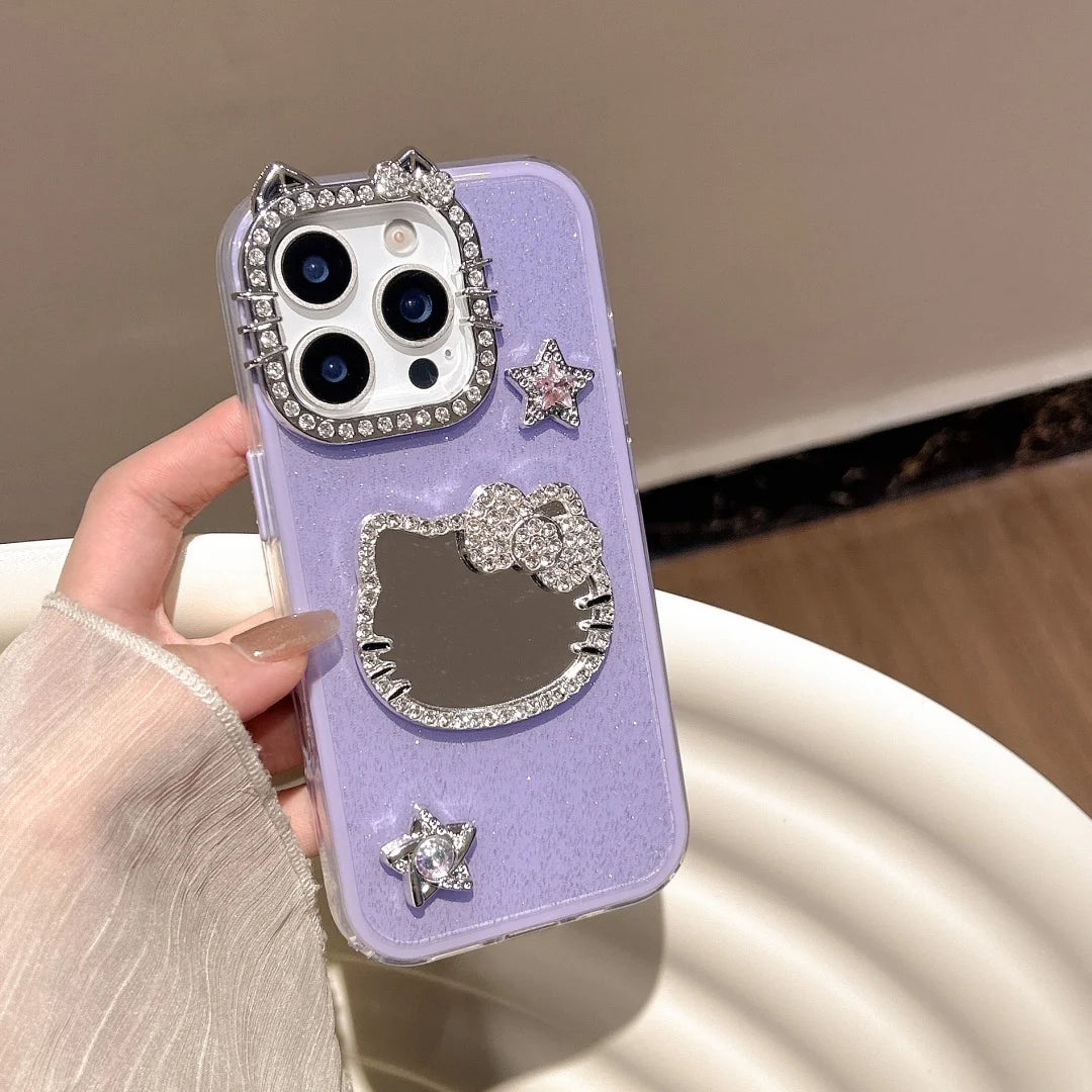 Fashion Diamond Glitter Make UP Mirror 3D Cute Cat Ears  Phone Case For iPhone 16 15 14 13 12 11 Pro Max Plus Cover
﻿﻿﻿﻿﻿