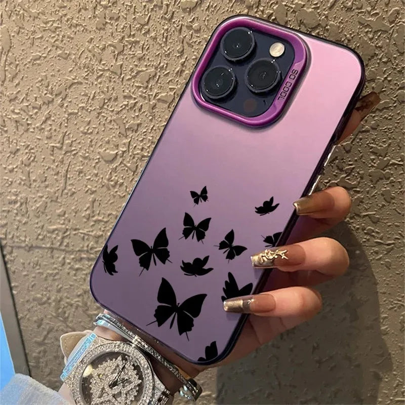 For iPhone 16 15 14 Plus 13 12 11 Pro MAX 16E Shockproof Drawing Butterfly Lens Protect Plating Phone Cover Case