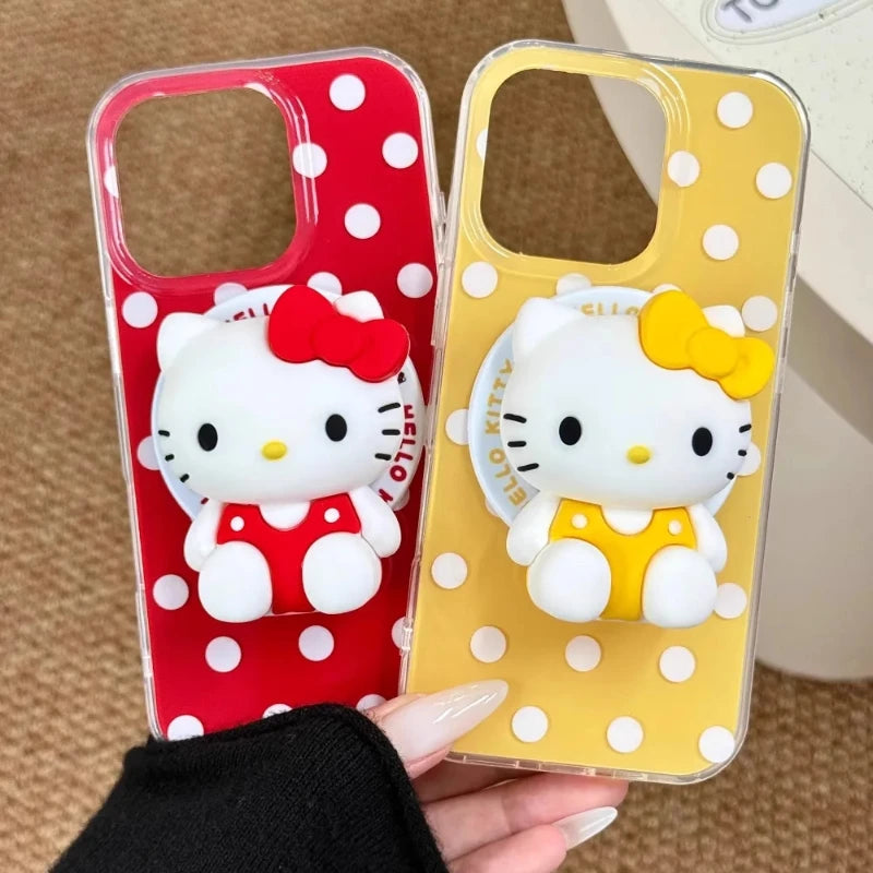3D Cute Sanrio Hello Kitty Magnetic Grip Tok Holder Magsafe Wireless Charge Phone Case For iPhone 16 15 14 13 12 Pro Max Cover