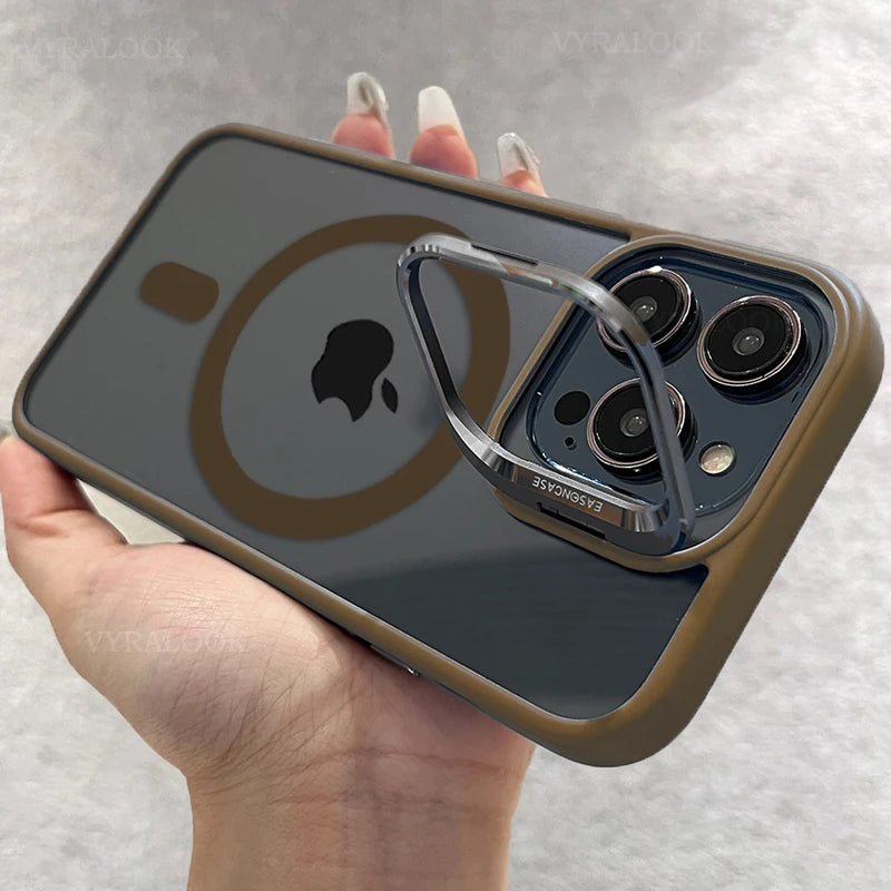 New Phone Case For iPhone 16 15 14 13 12 11 Pro Max Plus 17 Air For Magsafe Transparent Magnetic Lens Metal Stand Holder Cover