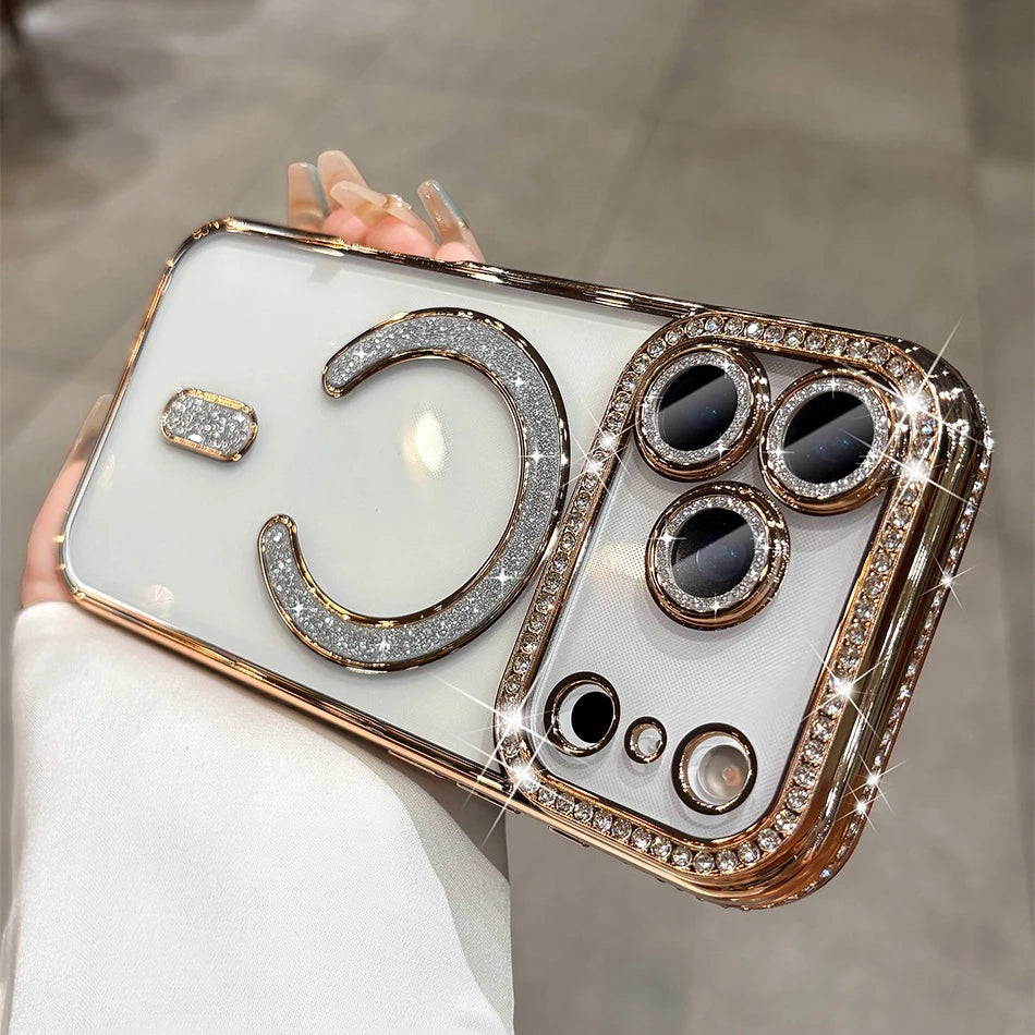 For iPhone 17 Air 17 Pro Max Luxury Girl's Case Bling Diamond Lens Film Magsafe Cover Case for iPhone 16 15 14 13 12 11 Pro Max