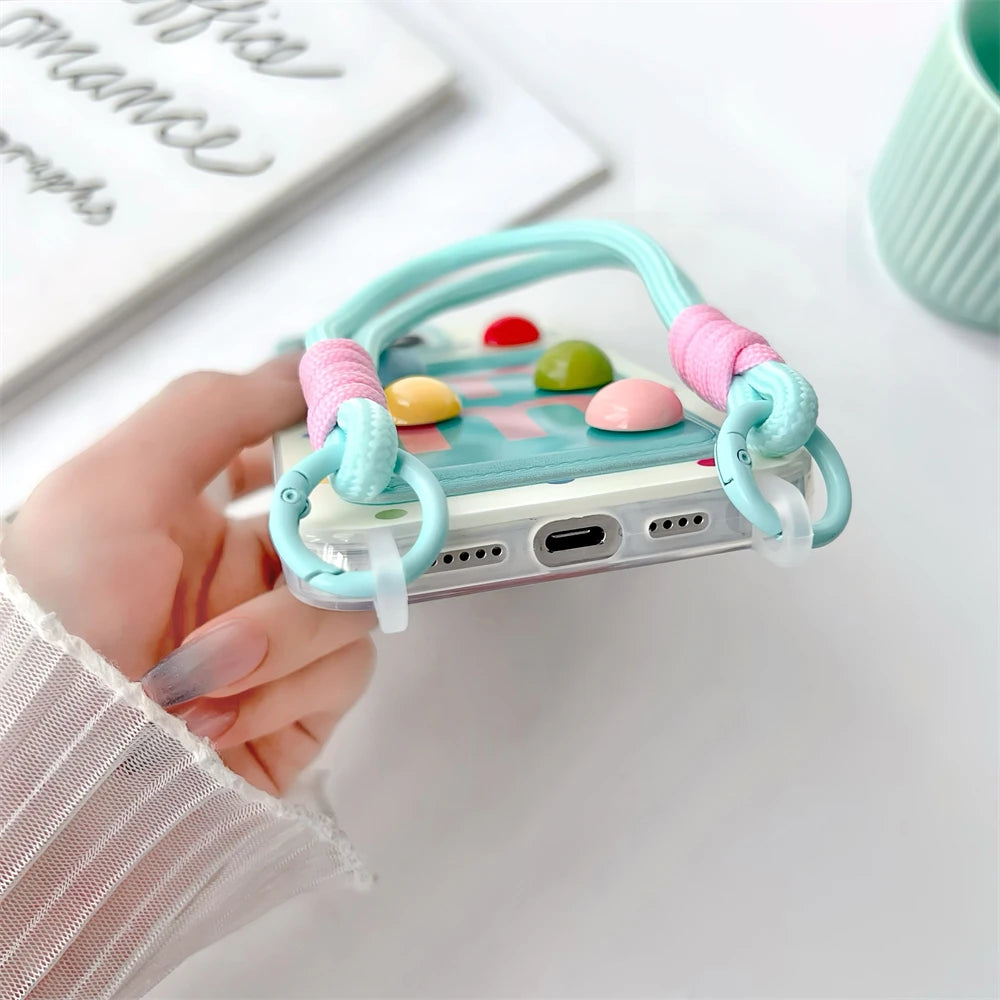 Japan Cute color bean card bag wrist strap silicone phone case for iphone 15 Pro Max 11 12 13 14 Xs Xr cartoon protection cover