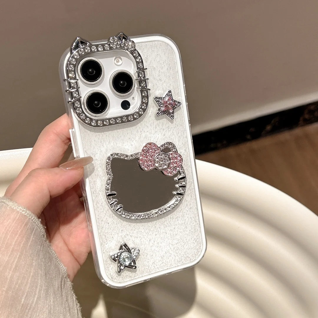 Fashion Diamond Glitter Make UP Mirror 3D Cute Cat Ears  Phone Case For iPhone 16 15 14 13 12 11 Pro Max Plus Cover
﻿﻿﻿﻿﻿