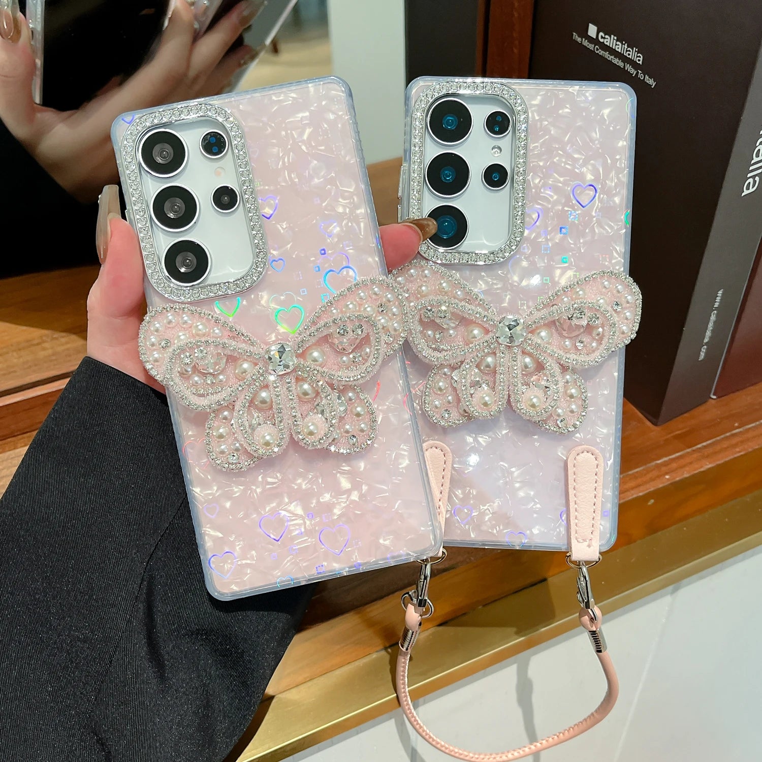 Phone Case For Samsung Galaxy S24 S25 Plus Ultra FE S25 Edge Korean Ins Giltter Diamond Butterfly Soft Silicone Cover