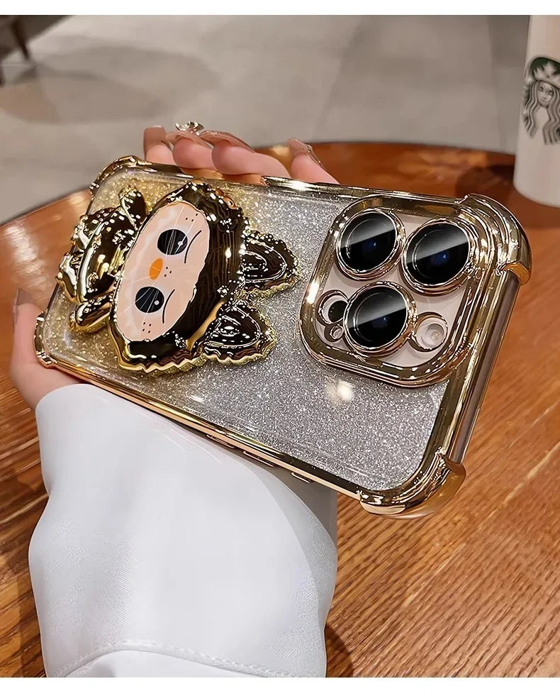 Cute L-La-bubuES Phone Case for iPhone 16 15 14 13 12 11 Pro Max Plus 16E X XR Shockproof Plating Silicone Glitter Powder Cover