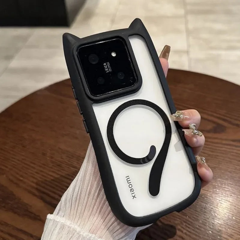 Magnetic Magsafe Lovely Cat Ear Clear Case For Xiaomi 15 Ultra 14 Pro 14 Redmi Note 13 5G Hard Shockroof Wireless Charge Cover