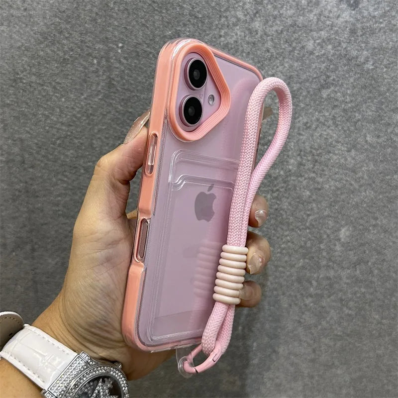 Luxury Card Slot Bag Clear With lanyard Phone Case For iPhone 11 12 13 14 15 Pro Max 16 Plus XS Shockproof Bumber Soft TPU Cover