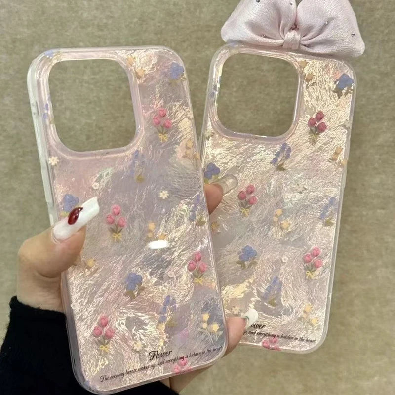 Cute Tulip Pink Floral Fashion Gauze Clear Phone Case For iPhone 17 16 15 14 13 12 11 Pro Max XS XR X 7 Plus Silicone Soft Cover