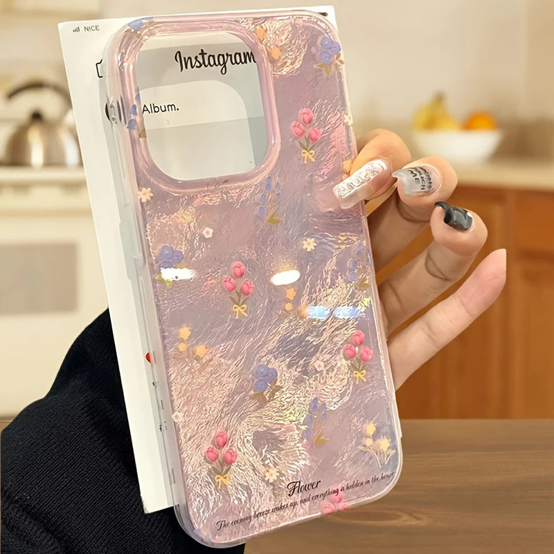Cute Tulip Pink Floral Fashion Gauze Clear Phone Case For iPhone 17 16 15 14 13 12 11 Pro Max XS XR X 7 Plus Silicone Soft Cover