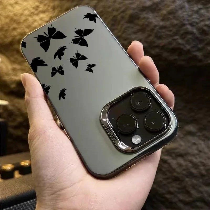 For iPhone 16 15 14 Plus 13 12 11 Pro MAX 16E Shockproof Drawing Butterfly Lens Protect Plating Phone Cover Case